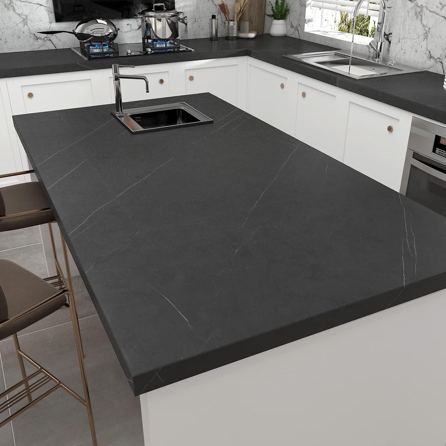 35"x120" black marble contact paper peel and stick countertop contact paper waterproof marble contact paper black large contact paper for countertops renter friendly wallpaper, easy to use