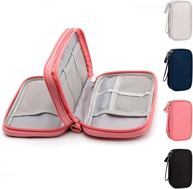 Ruyosn Cable Organiser Bag Waterproof Small Cable Bag Double Layer Hard Drive Bag Electronic Bag Electric Organiser Cable Bag Electronics Accessories Organiser Cable for Travel Pink