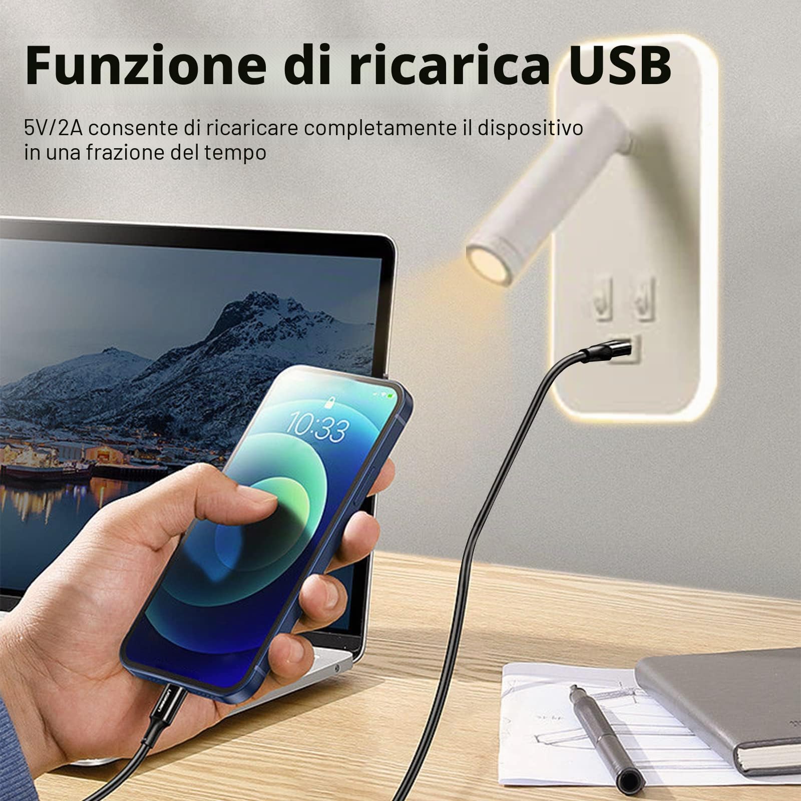 Weigudoc 2 x Lampada da parete a LED, luce di lettura accanto al letto, applique da parete regolabile, con porta di ricarica USB e interruttore, luci da parete del corridoio (bianco)