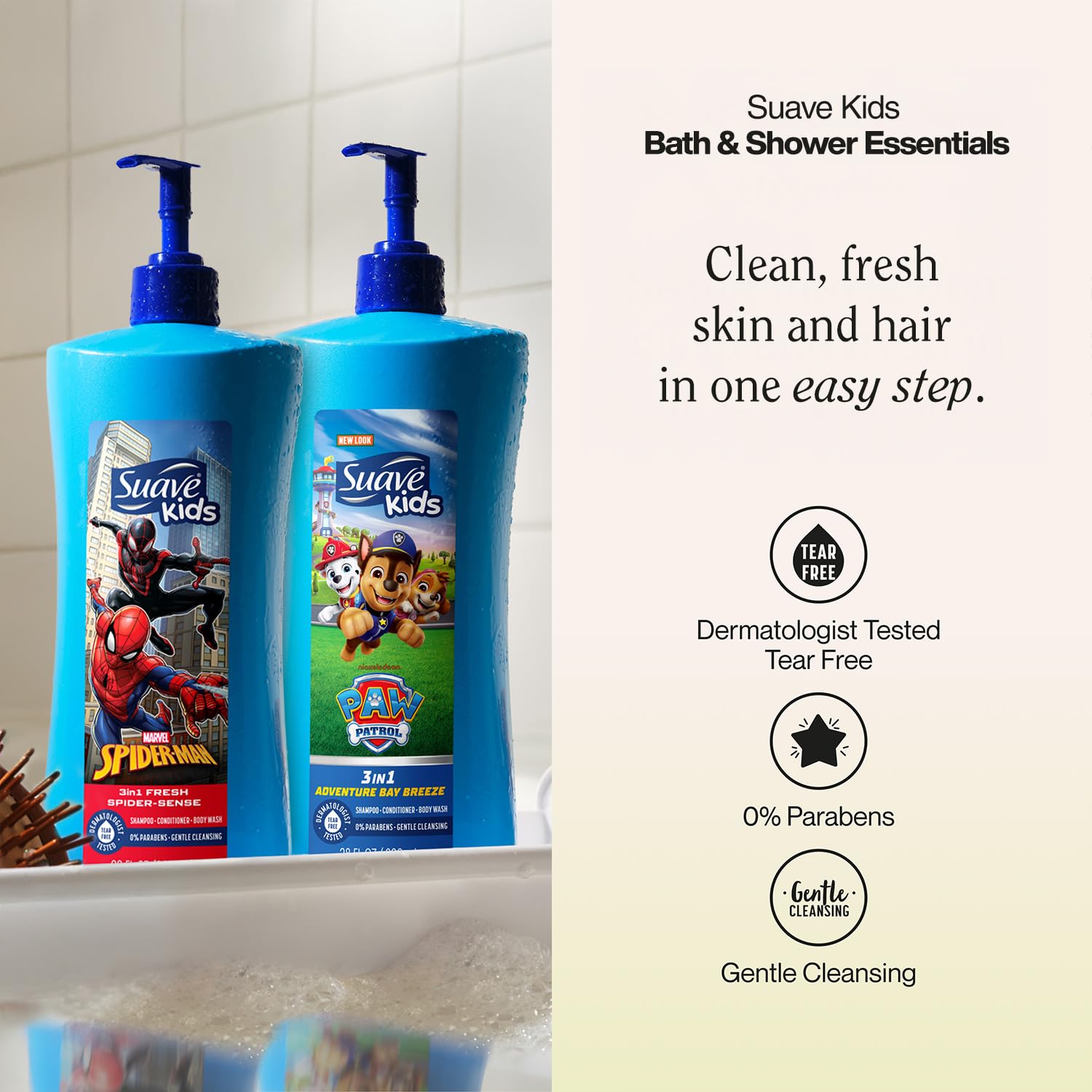 Suave Kids 3-in-1 Variety 2-Pack – Spiderman Fresh Spider-Sense & Paw Patrol Adventure Bay Breeze, Shampoo, Conditioner & Body Wash, 28 Oz Ea