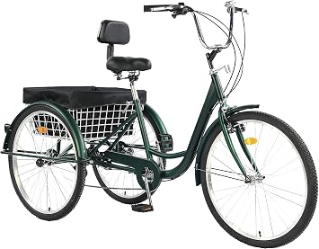 26 Inch Adult Tricycle, 3 Wheel Cruiser Bike with Foldable Frame & Large Shopping Basket, Adjustable Seat Three Wheel Bike for Seniors, Women, Men, Green
