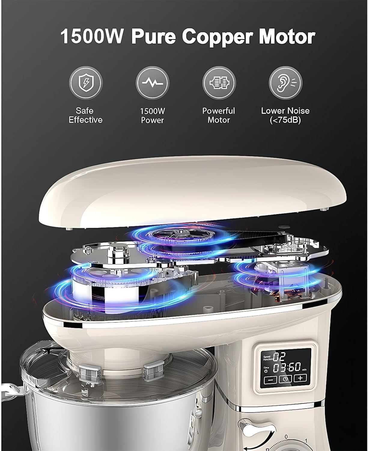 Stand Mixer with LED Display & Timer 6.5QT Stainless Steel Bowl, 1350W 6-Speeds Electric Kitchen Stand Up Mixer for Baking Cakes Cookie Bread Salad Food with Egg Whisk, Dough Hook, Beater - White