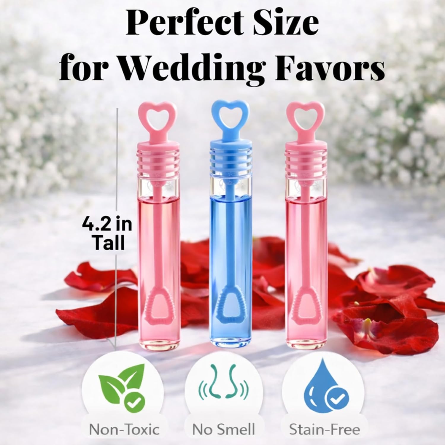48 Pack Mini Heart Bubble Wands – Wedding Party Favors, Anniversary Celebration Supplies, 4” Bubble Tubes with Heart Wand for Bridal Showers, Birthdays & Special Events (Blue/Pink)