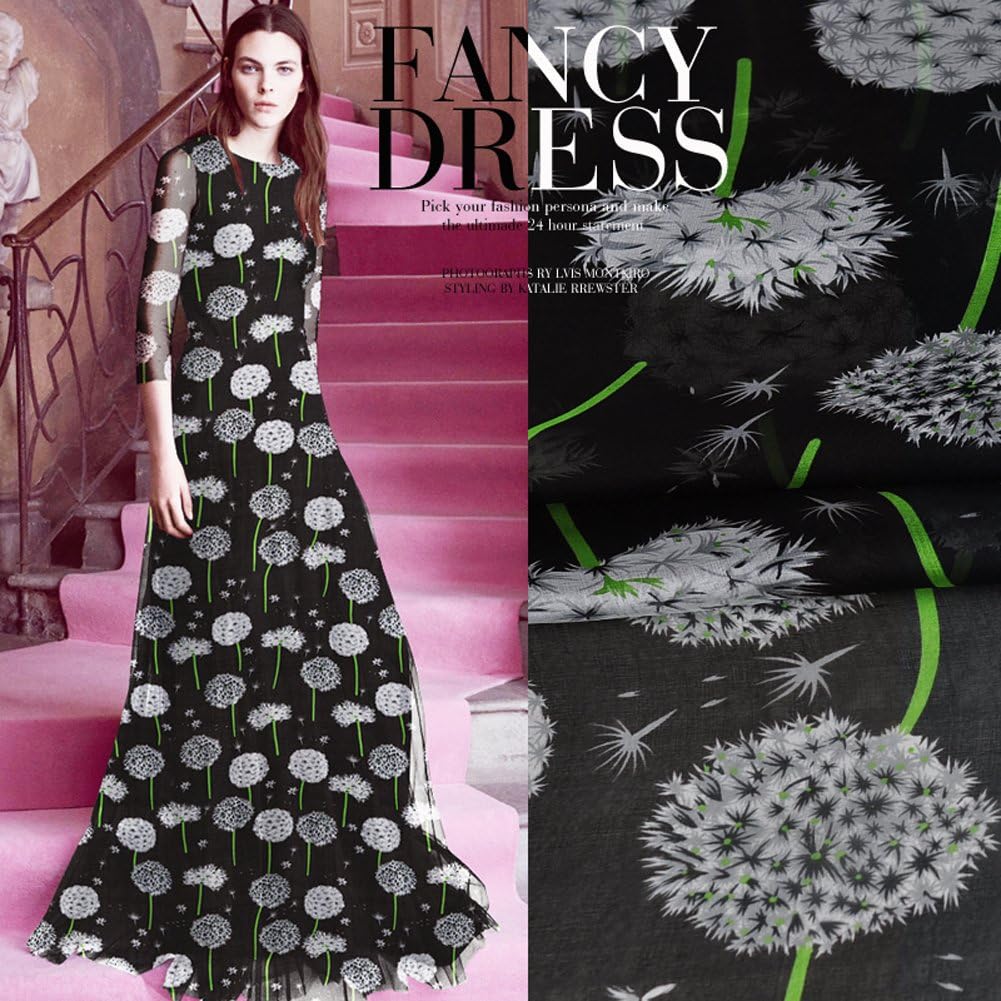 YTFabric 100% Pure Silk Black Chiffon Fabric with Dandelion Printed By The Yard, 53" Width