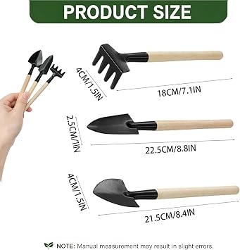 Succulent Plants Tools Transplanting Gardening Tools,Flower Gardening Kit with Wooden Handle, Miniature Garden Rake Trowel Shovel for Succulents Bonsai Terrarium Indoor Plants Care(Black,3Pcs)