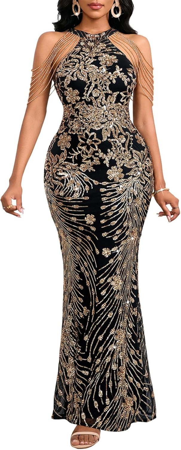 Cololura Women Sexy Elegant Sequin Tassel Off Shoulder Halter Bodycon Maxi Dress Party Evening Gown Formal Dress