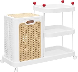 VECELO Rattan-Style Rolling Laundry Hamper Cart, 3-Tier Storage Shelf with Wheels, Foldable Plastic Laundry Basket with Lid, Multi-Purpose Organizer for Bathroom, Laundry Room, Bedroom, White