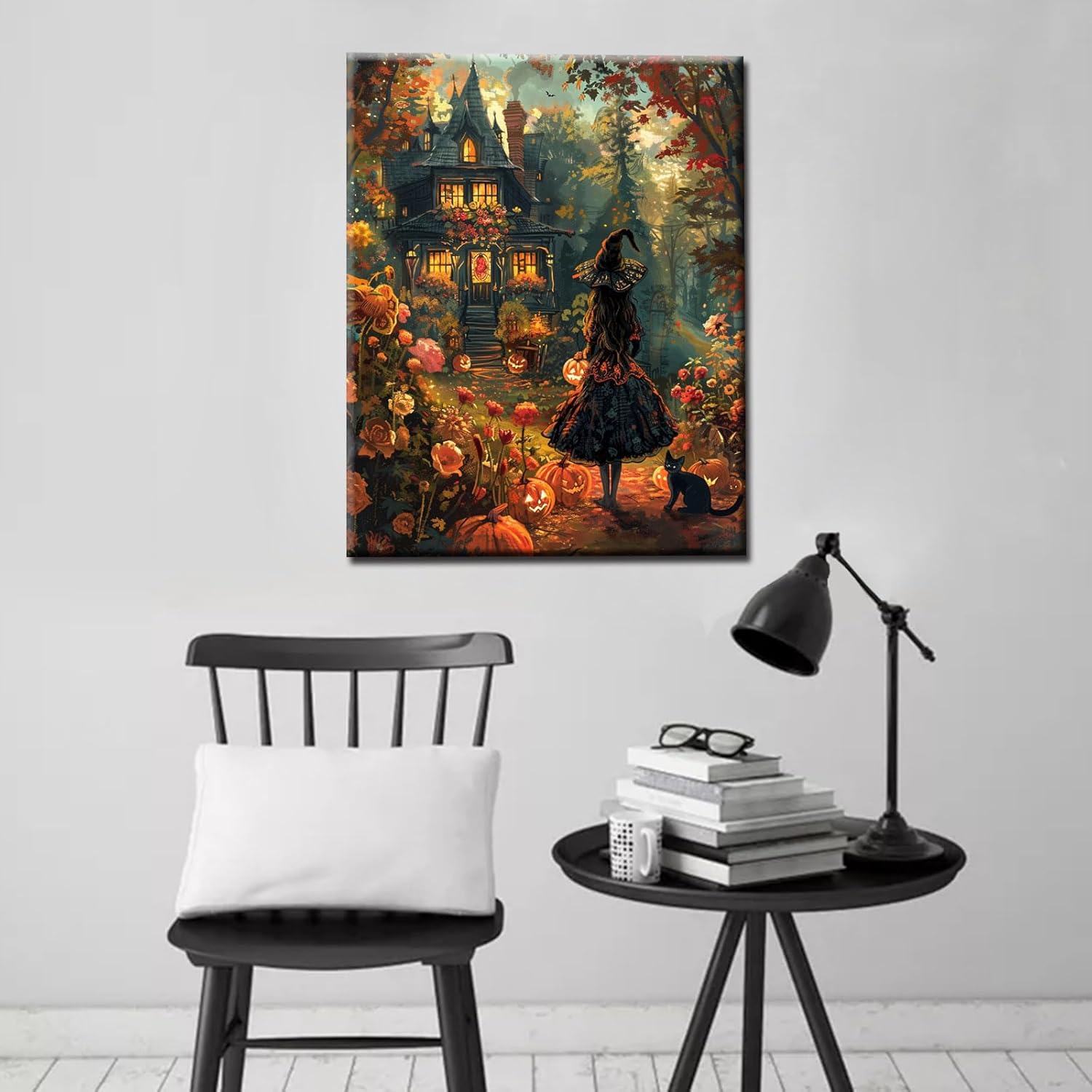 Tucocoo Witch and Black Cat Paint by Number Kits for Adults Canvas Horror Halloween Castle DIY Acrylic Oil Painting Paints Pigment Arts Crafts for Home Wall Decor Gifts 16x20inch Frame