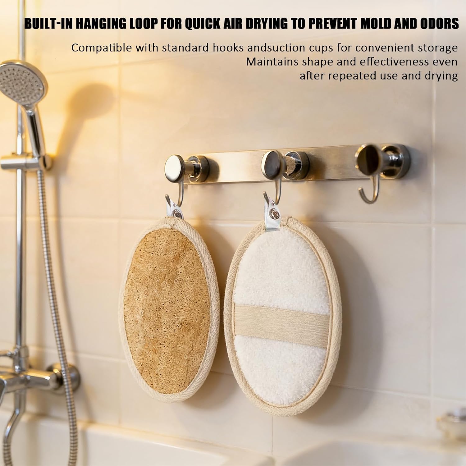 Natural Loofah Sponge Exfoliating Body Scrubber (2 Pack), Dual-Sided Shower Luffa Sponge with Terry Cloth Back, Loofah for Women and Men