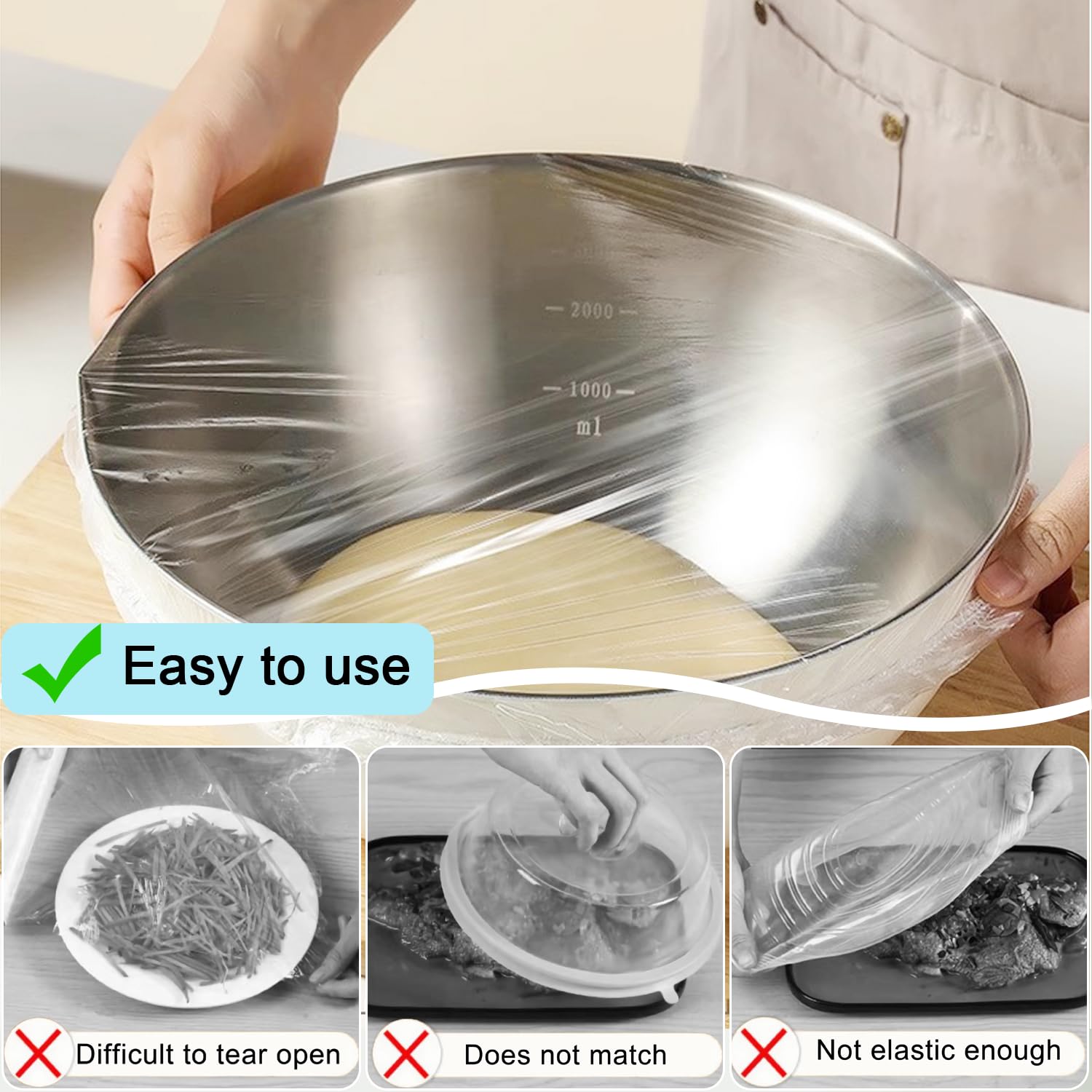 300 film transparente con elástico, cubiertas elásticas para masa, bolsas reutilizables de plástico, bolsas sellables para fermentación de masa, gorro de ducha (L-blanco)
