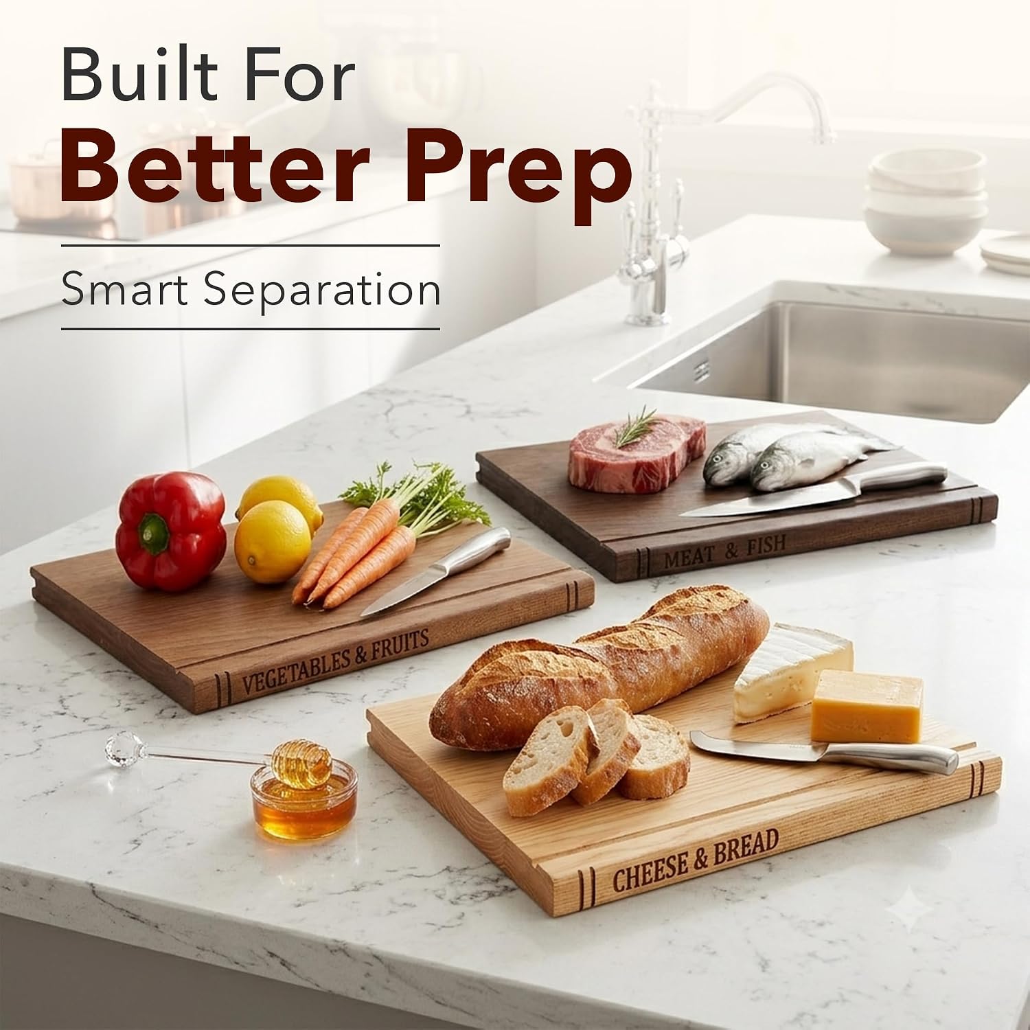 Book Cutting Board Set, Acacia Wood Cutting Boards for Kitchen with Stand, 3 Piece Book Shaped Design