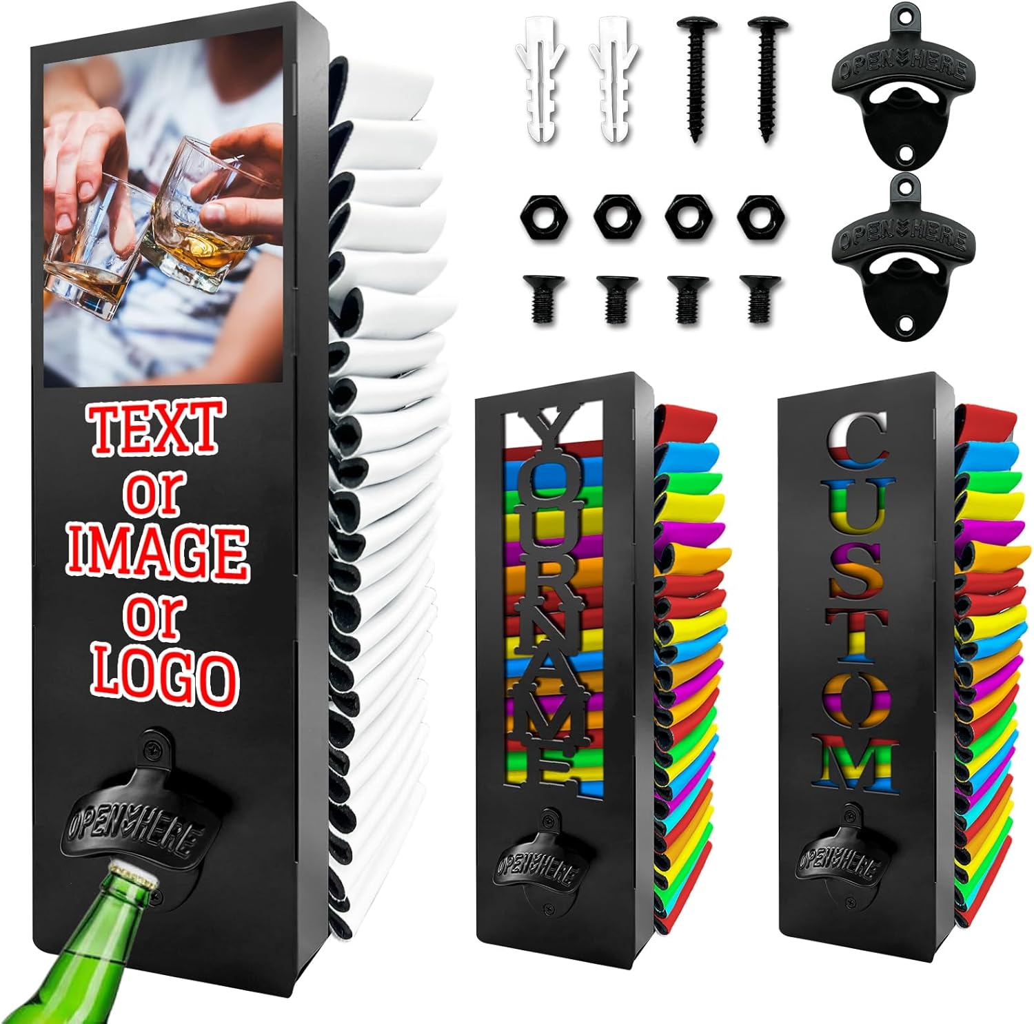Custom Can Cooler Holder with Bottle Opener, Personalized Wall Mounted Metal Can Cooler Dispenser, Customized 2 in 1 Organizer Beer Can Cooler Sleeves Gift for Party Bar Beer Drinker