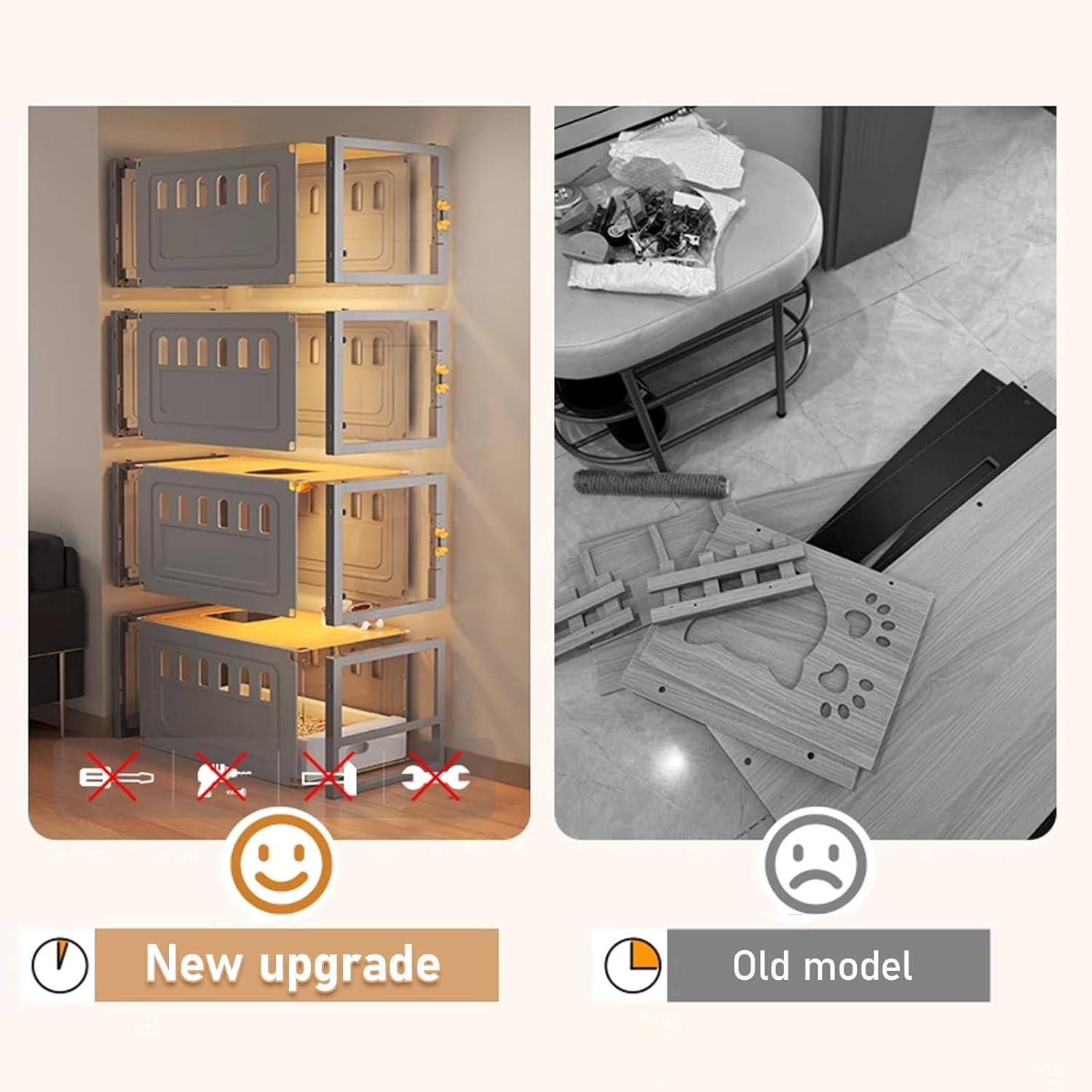 Multi-Level Indoor Cat Cage with Litter Box DIY Detachable Design PP Panels Pet Playpen with Doors for 1-3 Cats Rabbits Small Animals, Easy Clean(Gray,40x56x84cm)