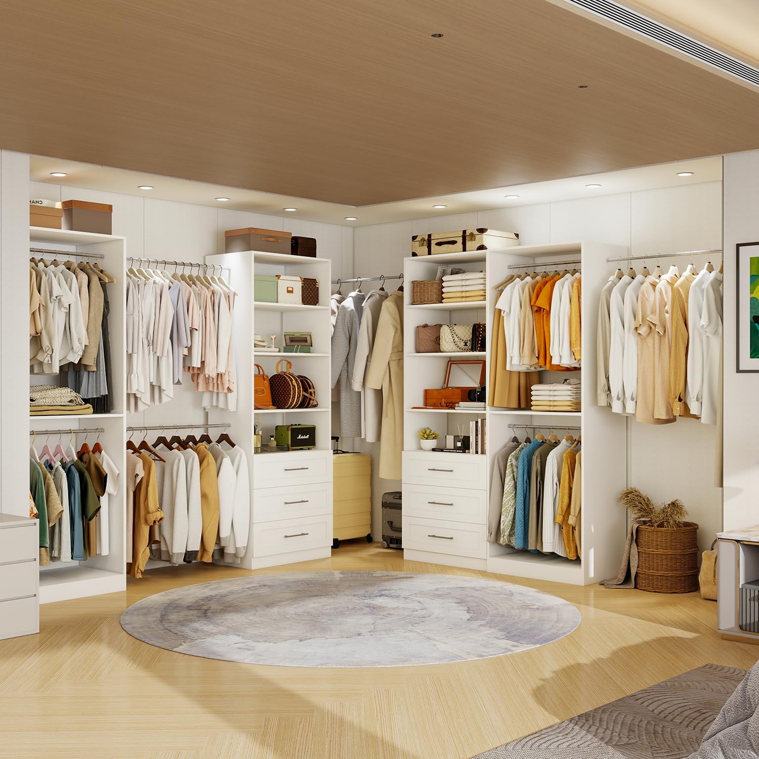 Closet System of 4 Sets with 6 Drawers & 8 Shelves & 8 Hanging Rods, 8FT-20FT Closet Organizer System, Walk in Closet, Modular Closet System White ( 8FT)