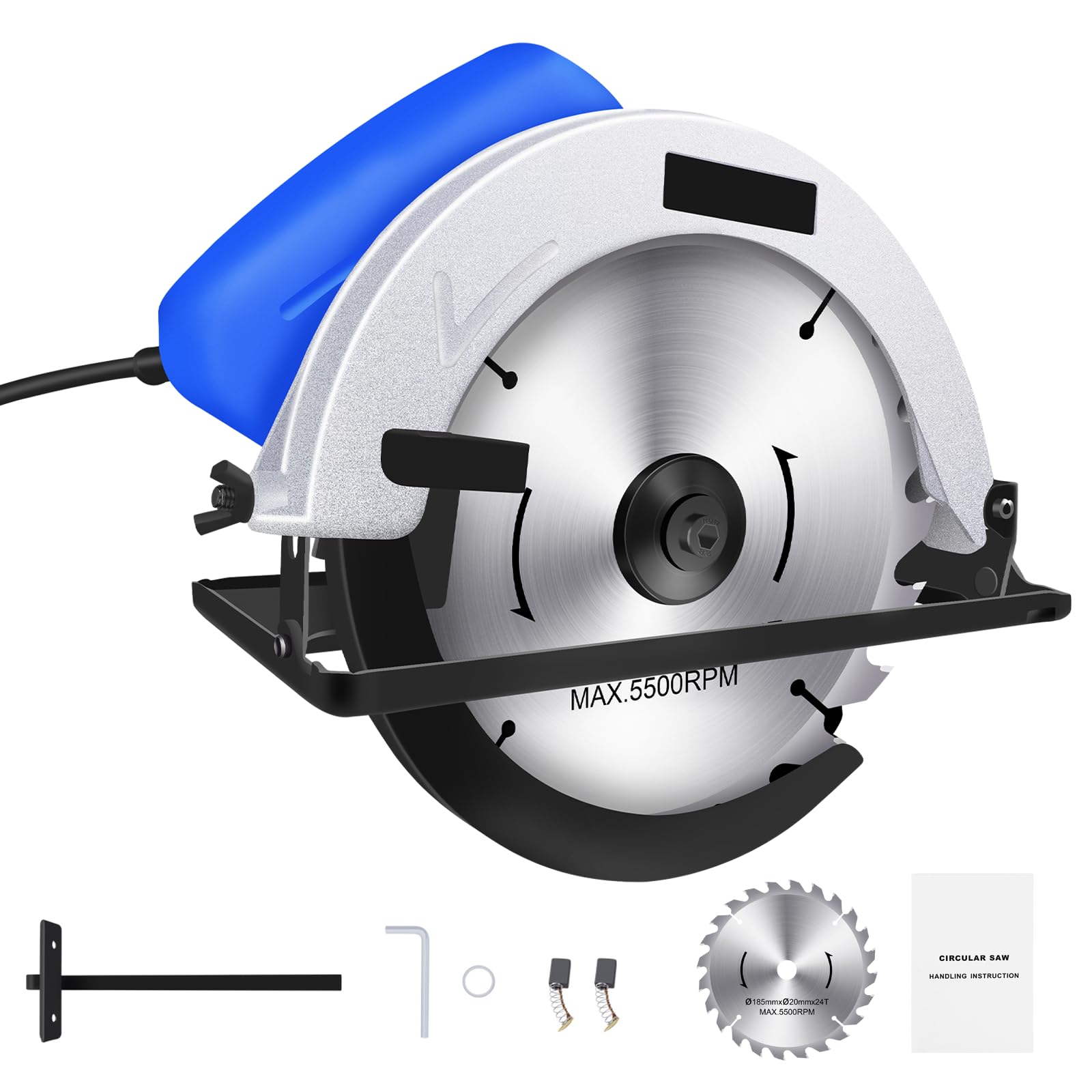 Sierra Circular VickyHome, Mini Sierra Circular 1500W 5000 TR/min Sierras de Madera Eléctricas con Láser, Ajuste de Profundidad de Corte Sin Herramientas a Máx. 57 mm, interruptor de seguridad