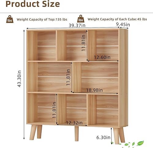 Miniatura 2 de LEYAOYAO Estantería de madera de 8 cubos, estantería natural de 3 niveles con patas, organizador de almacenamiento abierto moderno, estantería