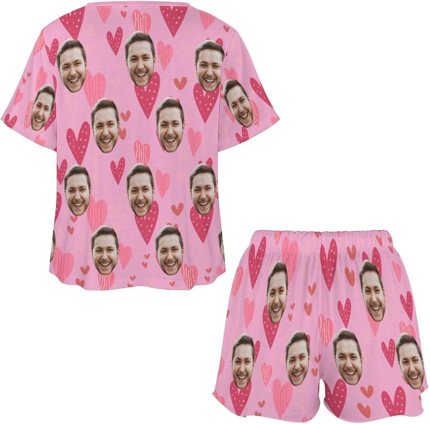 Personalized Face Pajama Set for Women, Custom Funny Photo Pink Heart Pjs for Valentine Day Galentines Bridal Shower Beachy Bachelorette Party Engagement Gift, Pet Cat Dog Face Sleepwear