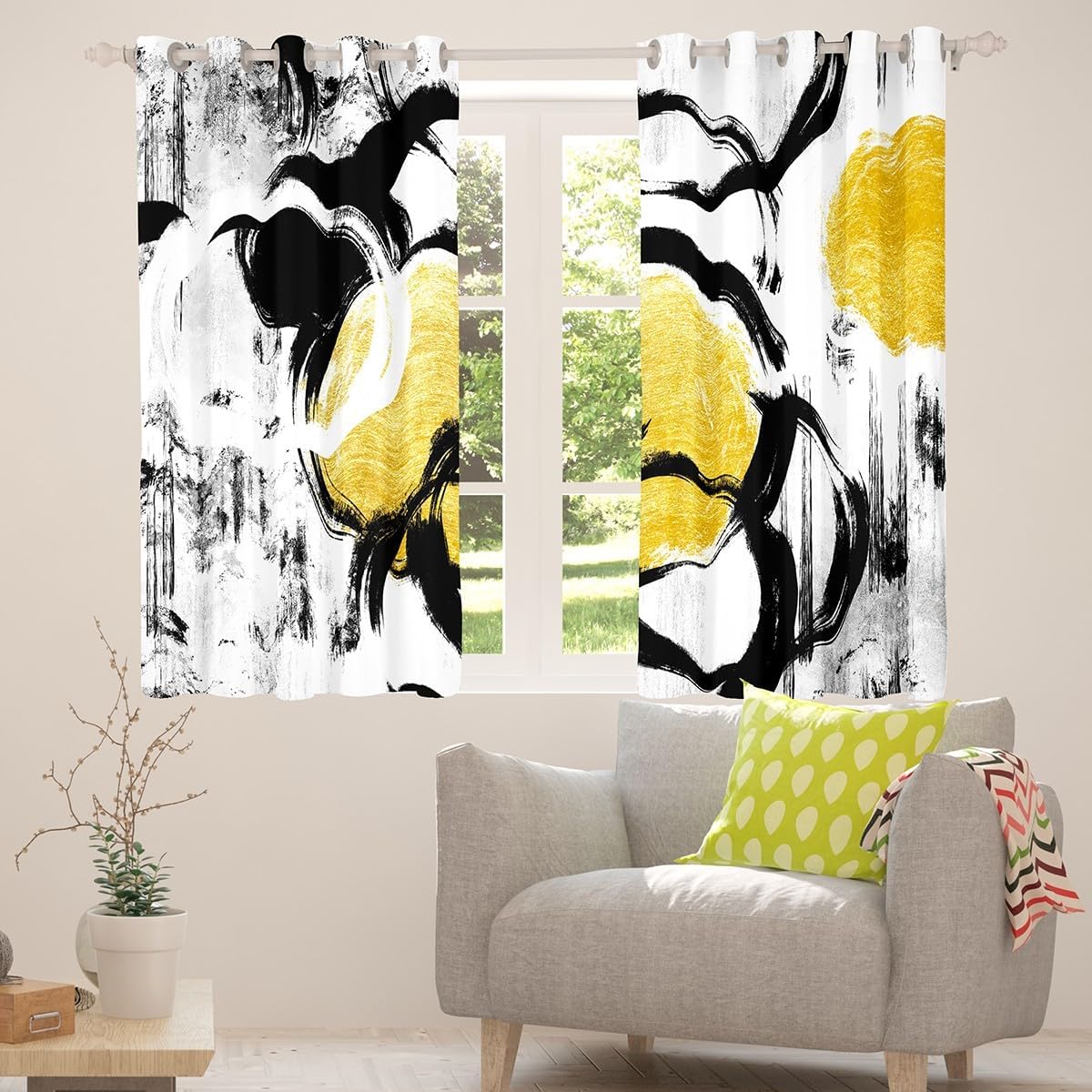 jejeloiu Black White Gold Abstract 30%-50% Blackout Curtains Kids Abstract Circles Lines Curtains for Boys Girls Modern Geometric Window Drapes, 52W X 84L,2 Panels image 4