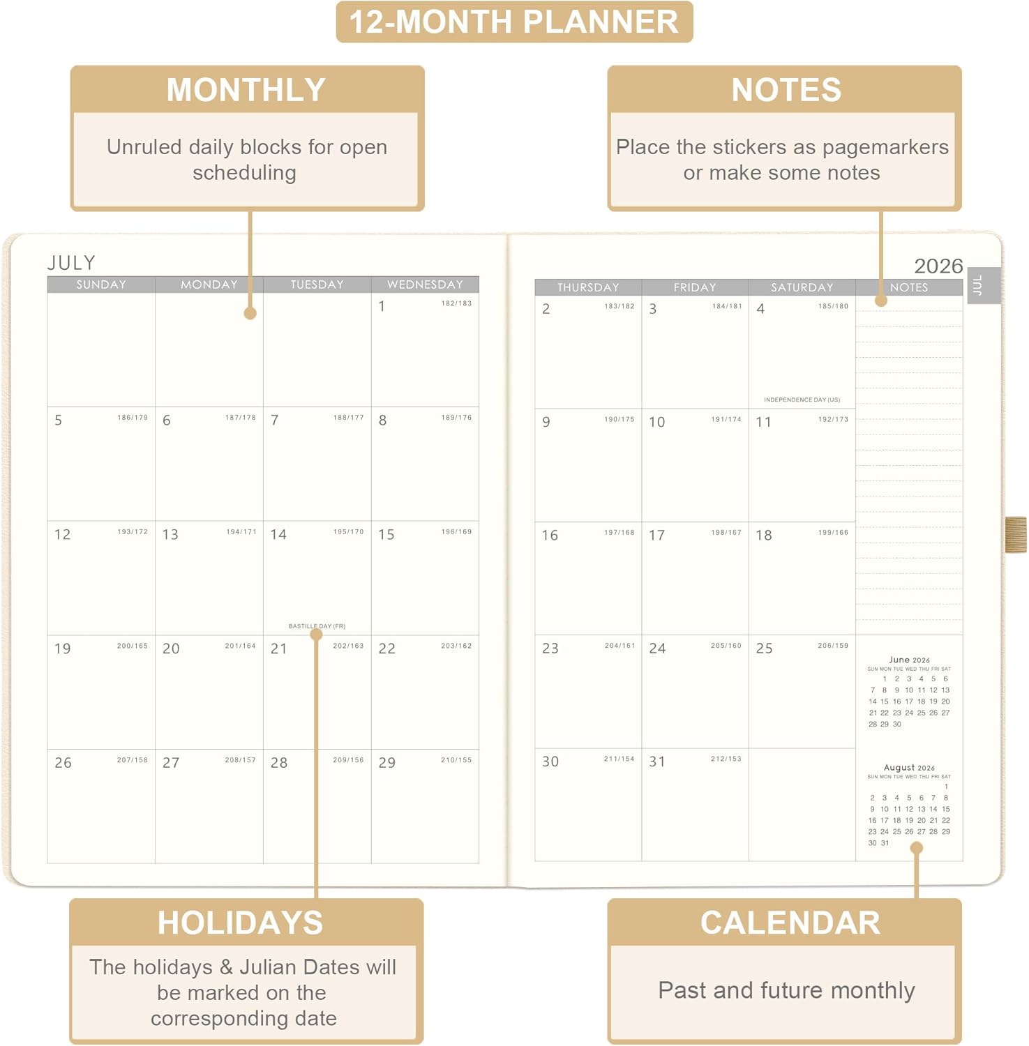 Planner 2026-2027 - JUL 2026 - JUN 2027, Academic Planner 2026-2027, Weekly and Monthly Planners, Leather Cover Planners with Thick Paper, Back Pocket with Notes Pages, Seashell Gold (8.5" x 11")
