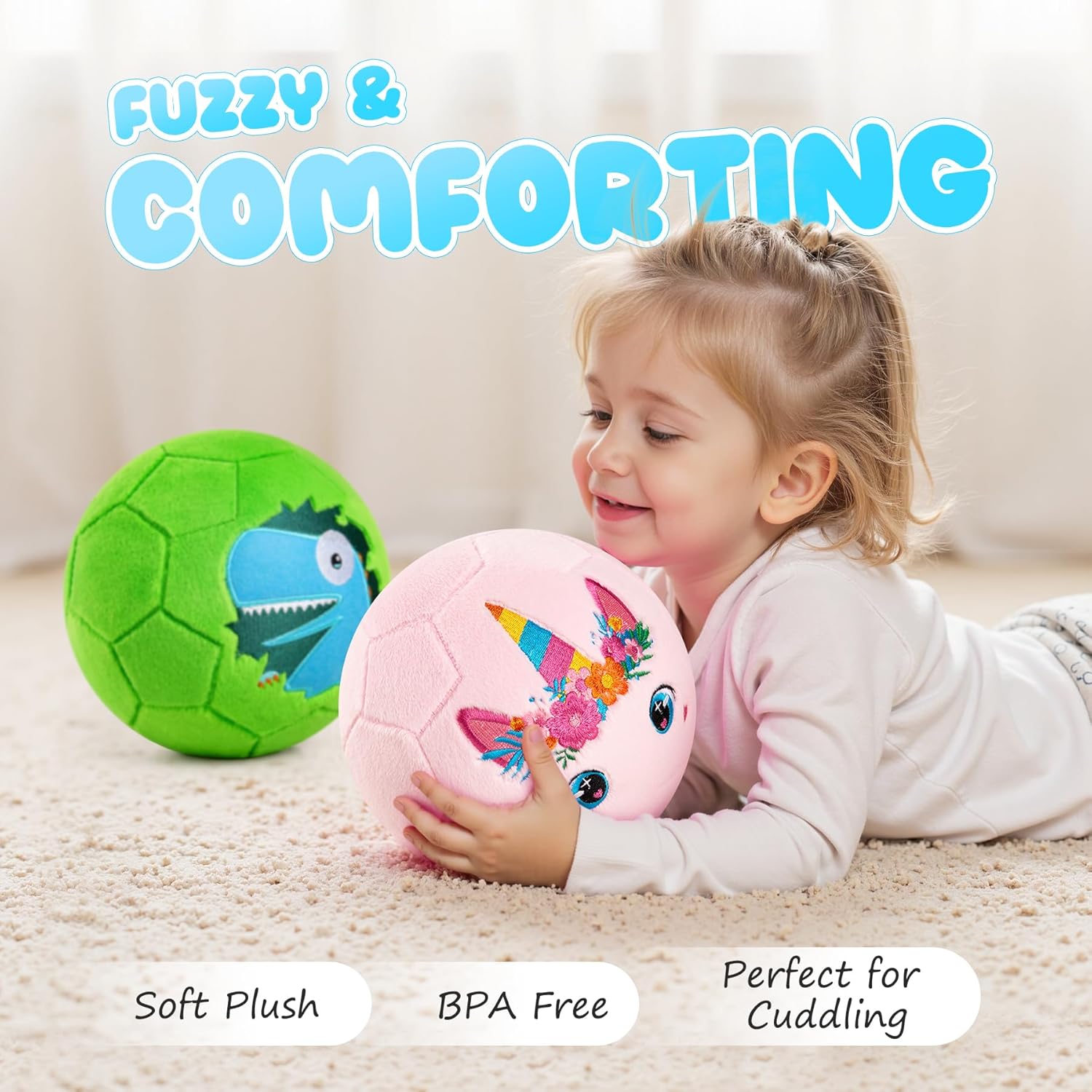 Soft Ball for Toddlers & Babies - Small, Safe & Easy-to-Grip Kickball, Dinosaur & Unicorn Design Soccer Ball - Great First Birthday Gift for Boys & Girls, Plush Indoor Soccer Toy for Ages 1-3 3-8
