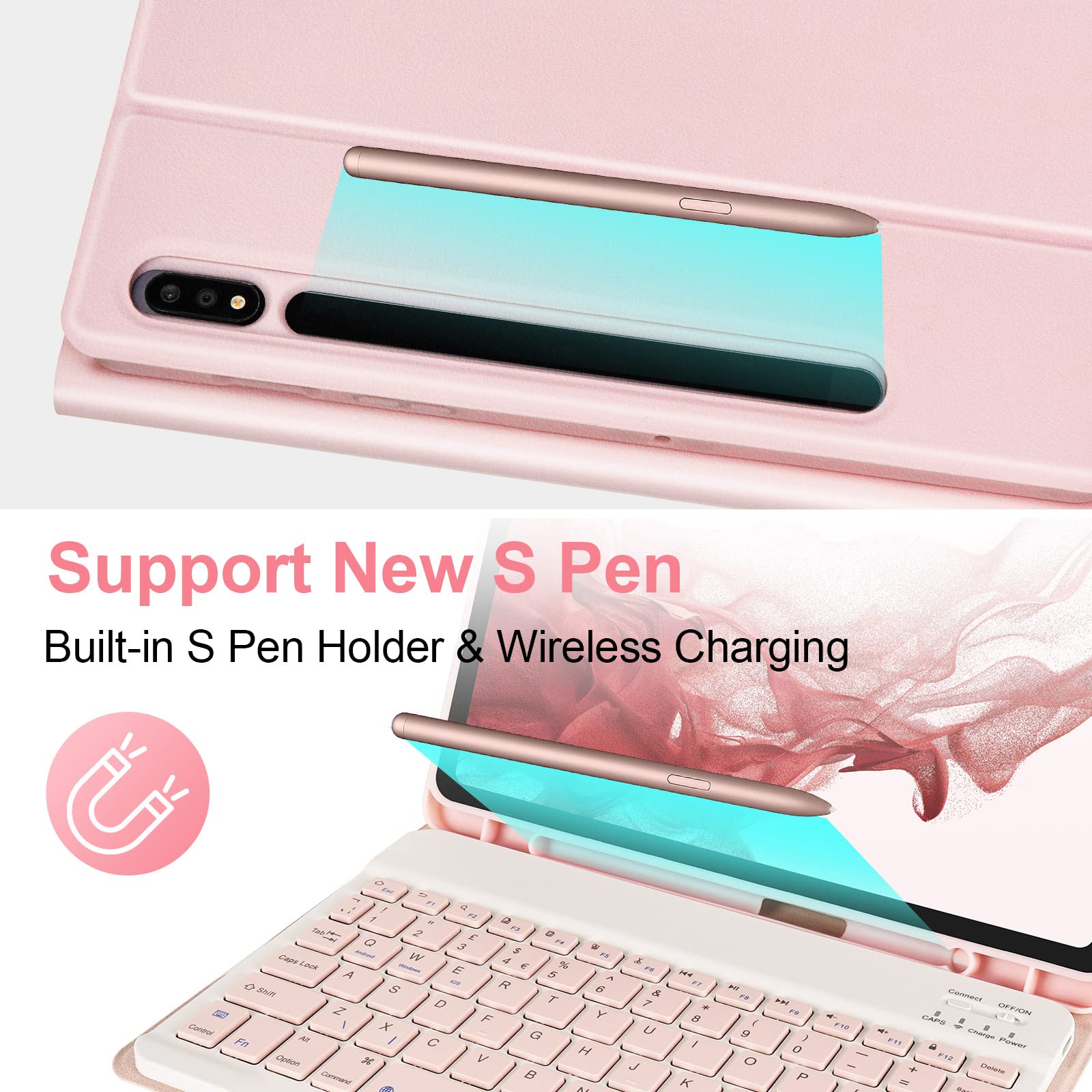 SOPPY Custodia per Tastiera Samsung Galaxy Tab S8 S7, Layout UK, Custodia Sottile con Tastiera Staccabile per Galaxy Tab S8 (SM-X700/X706 2022), Tab S7 (SM-T870/T875/T876 2020) da 11", Rosa
