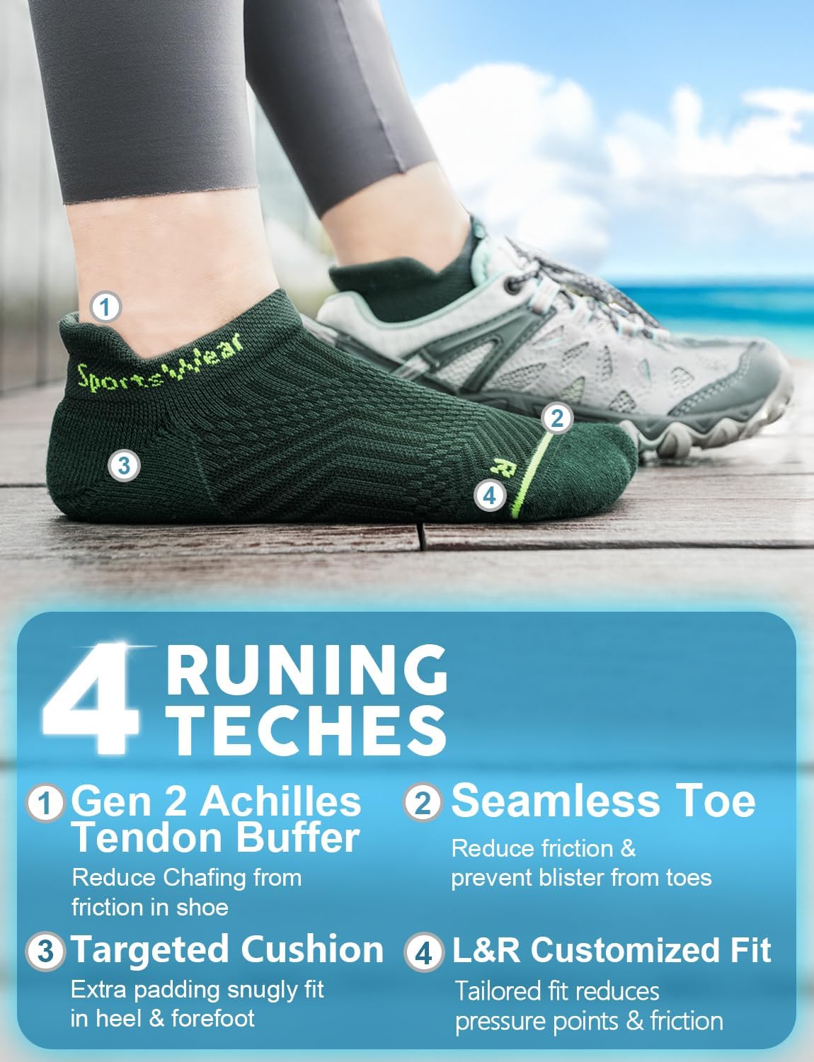 Juclise Coolmax Bamboo Viscose Compression Running No Show Athletic Socks, Anti Blister Moisture Wicking Cushioned workout