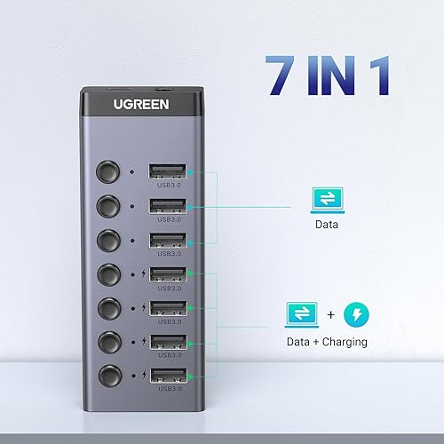 Miniatura 2 de UGREEN Hub USB 3.0 alimentado, adaptador USB de 7 puertos con 4 puertos de carga inteligente, divisor USB con interruptores individuales de