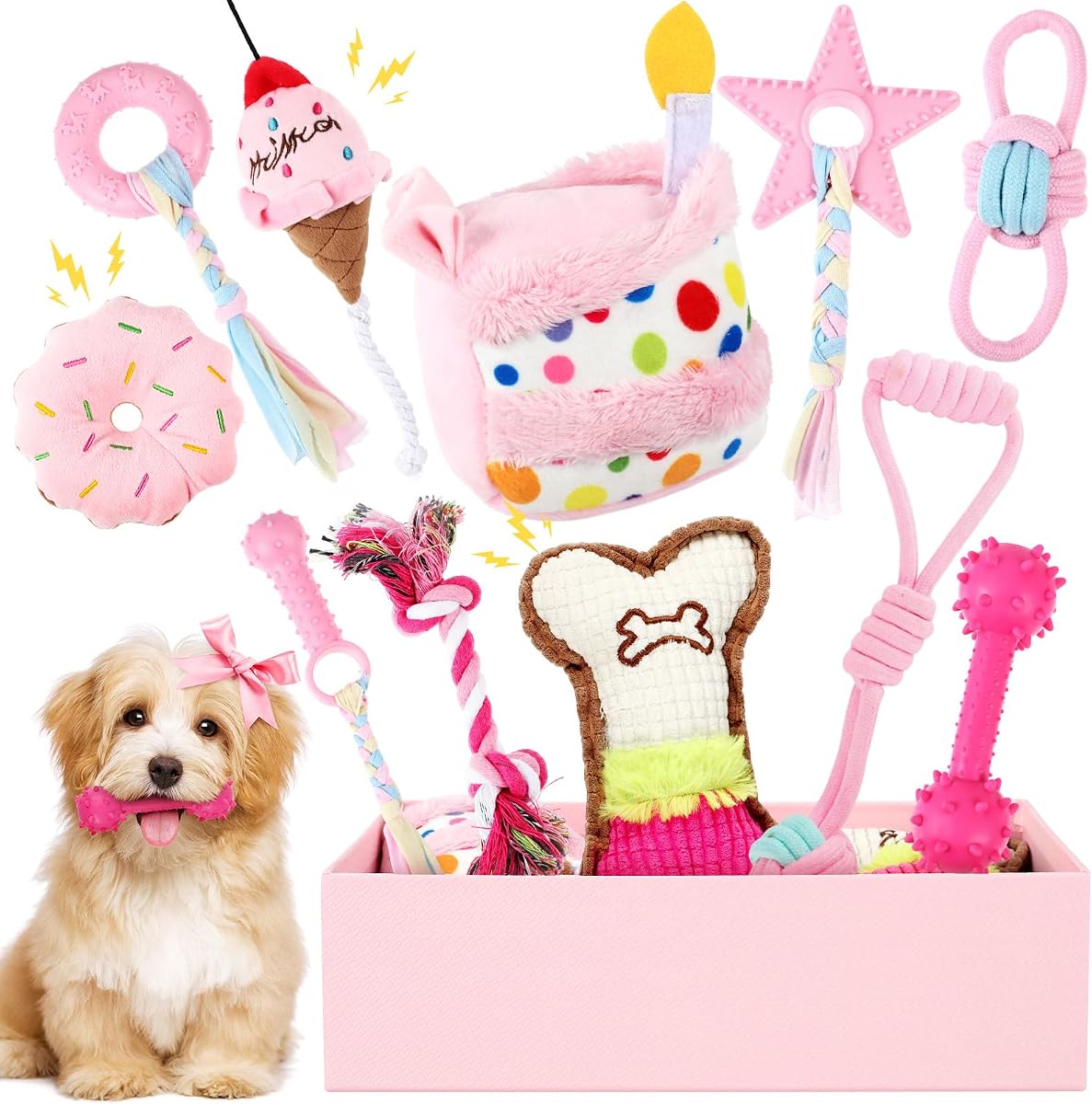 RoundFunny 11 Pcs Dog Birthday Toy Gift for Dog Birthday Cake Puppy Girl Boy Squeak Toys Interactive Puppy Gift with Box for Small Medium Size(Classic,Pink)