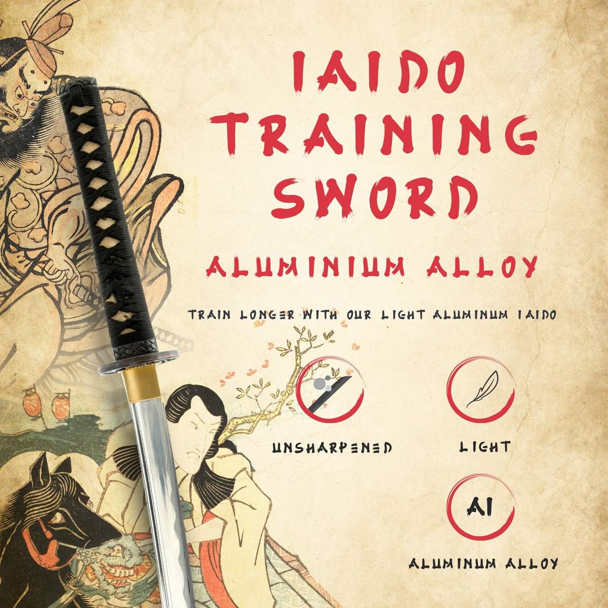 HMS Japanese Samurai Katana Training Sword, Iron Alloy Tsuba, Hand Made, Aluminum Alloy, Full Tang, Unsharpened