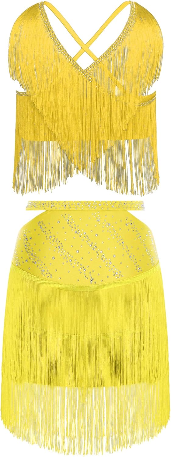 Shinsto Women Latin Dance Dress Shiny Rhiestones Fringe Skirt Ballroom Salsa Cha Cha Dance Party Dress