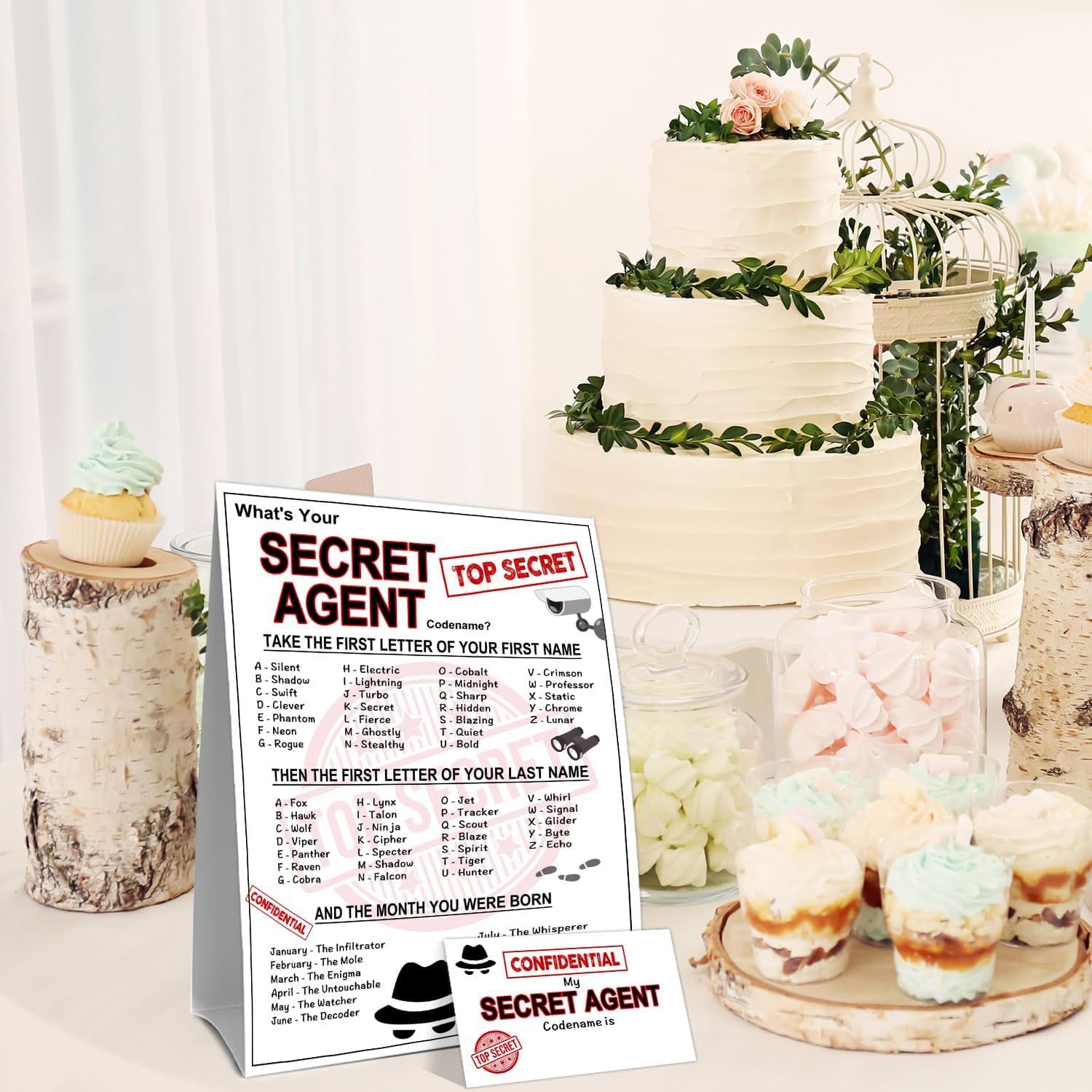 What's Your Secret Agent Name Game Card Set, Spy Codename Generator Game Card, Secret Agent Birthday Party Game Cards, 1 Agent Name Sign, 30 Spy Names Sticker, Birthday Party Decor for Boys Girls