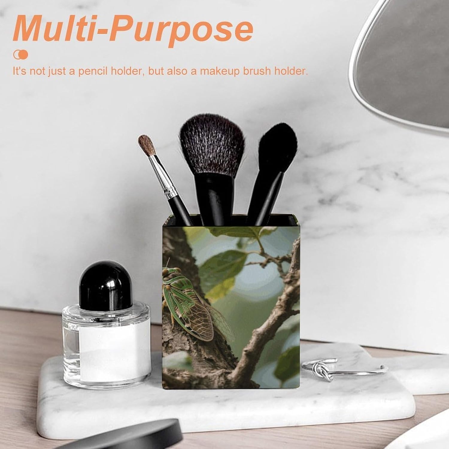PU Leather Cicada Pen Holder Desk Stationery Organizer Remote Control Container Caddy Multifunctional Makeup Brush Storage Box Desktop Decor for Office Home image 3