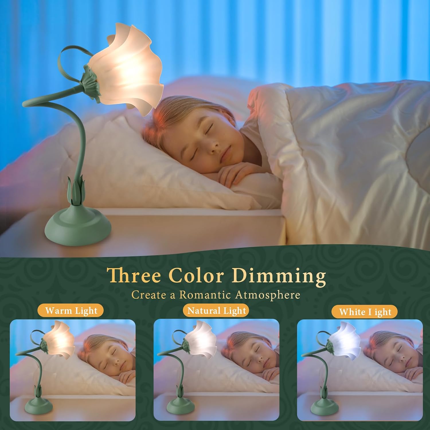 FVTLED Cute Flower Table Lamp, Bedside Vintage Flower Lamp with LED Bulb, 3 Colors Temperature Flower Lamp for Bedroom Living Room Bedside Desk Reading Lighting Table Lamps Home Decoration（Green）