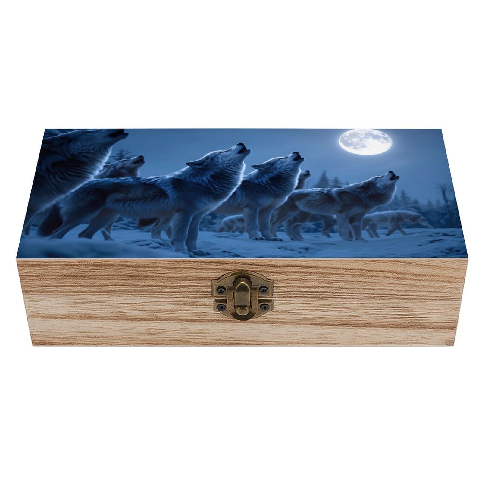 SMAZDFXX Wolf Pack Howling Moon Night Snow Wooden Keepsake Box Vintage Solid Wood with Hinged Lid 7.9"×3.7"×2.3" Metal Latch Rustic Home Decor for Jewelry Photos And Trinkets