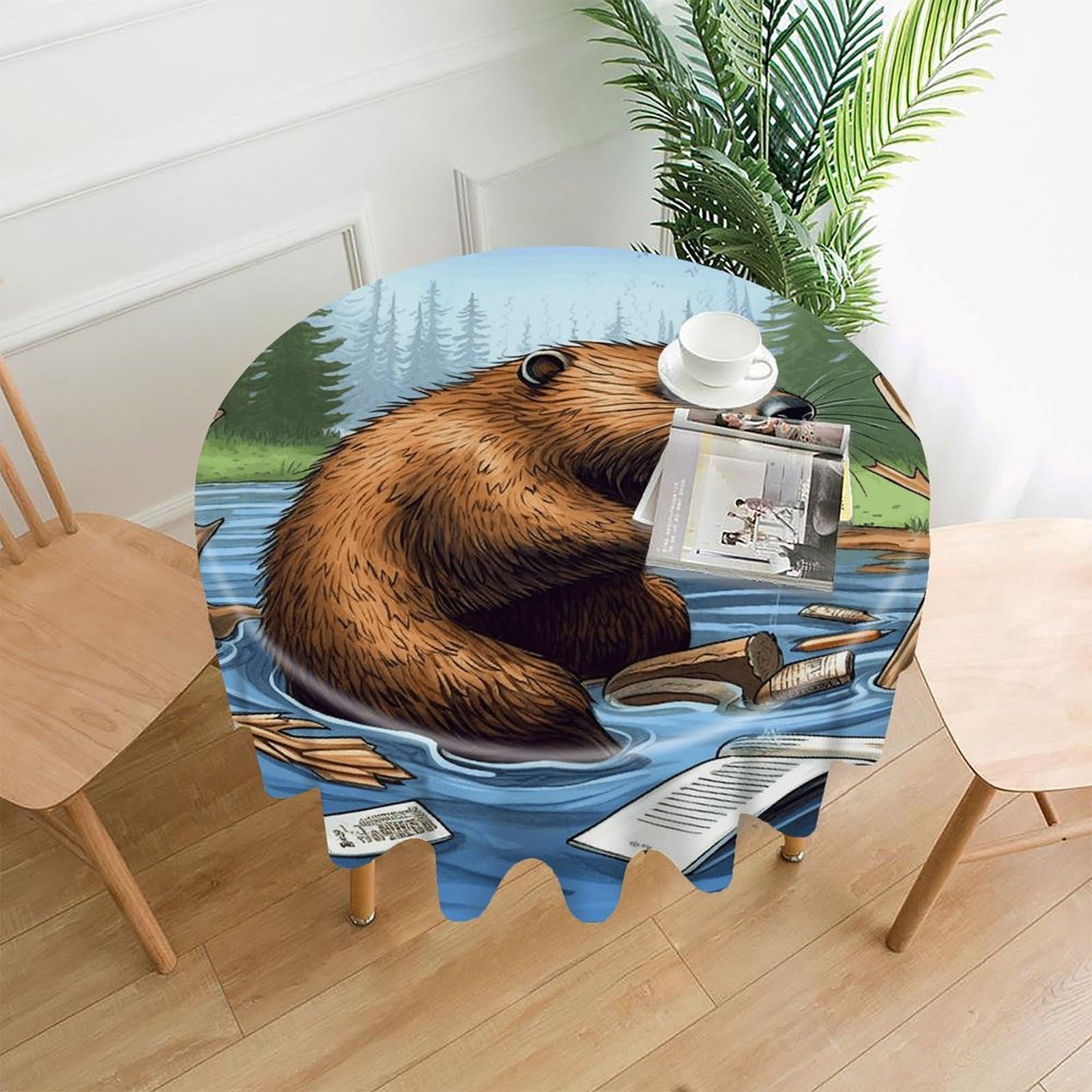 VstaDank Busy Beaver Cartoon Tablecloth Easy to Clean Polyester Round Table Cover Washable Round Table Cloth Wrinkle-Free Circle Decoration Tablecloth for Kitchen Dining Room 60"