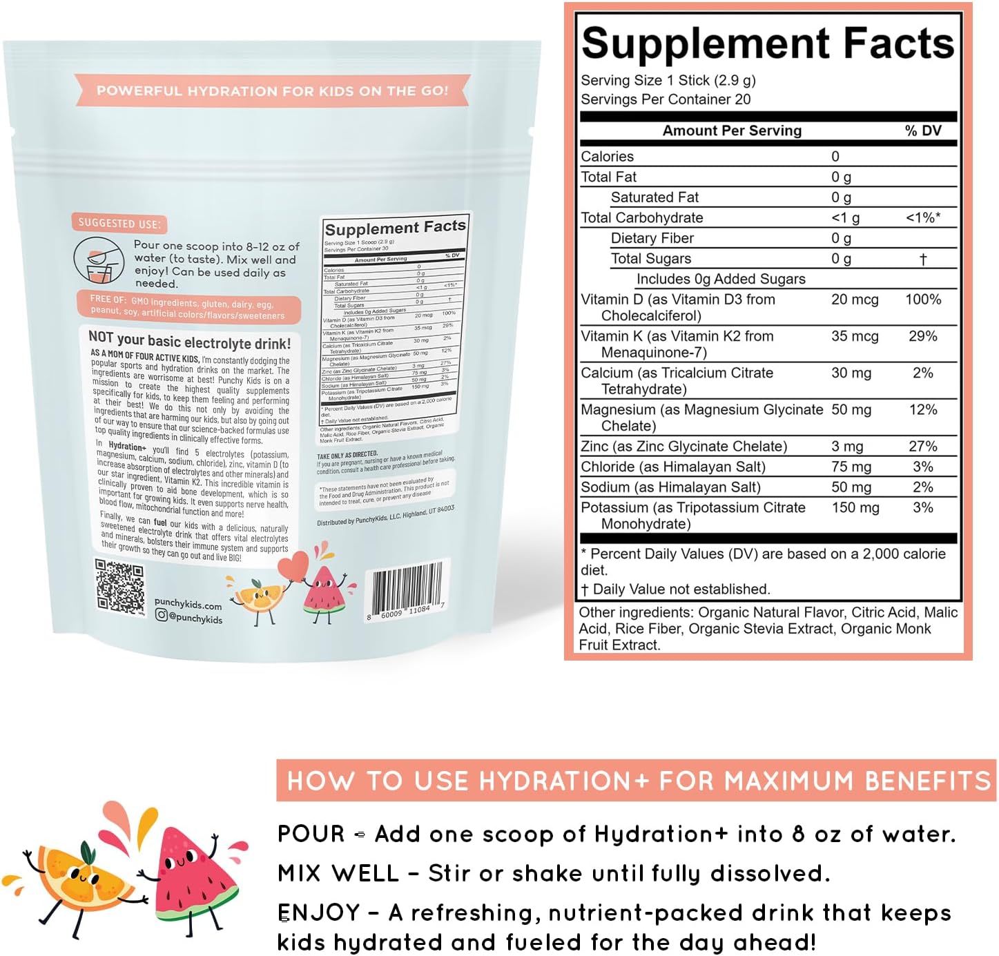 Hydration+ Electrolyte Drink Mix for Kids – Sugar Free, Immune & Bone Support with Vitamin D, Zinc & K2 – Melon Splash, 20 Stick Packs