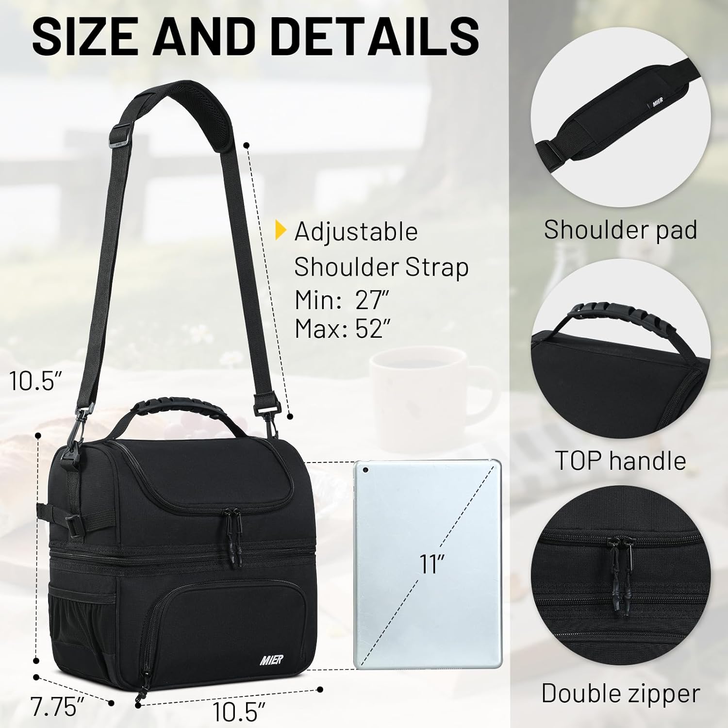 MIER Dual Compartment Lunch Bag Tote with Shoulder Strap for Men and Women Insulated Leakproof Cooler Bag, Black - Image 4