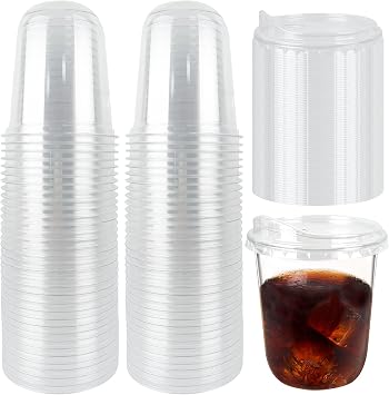 Foxtell 100 Pcs 16 Oz Clear Plastic Cups with Strawless Sip Lids Disposable Round Bottom Togo Cups for Iced Coffee Smoothie Beverage Cold Drinks Disposable Iced Coffee Cups for Party Catering BBQ