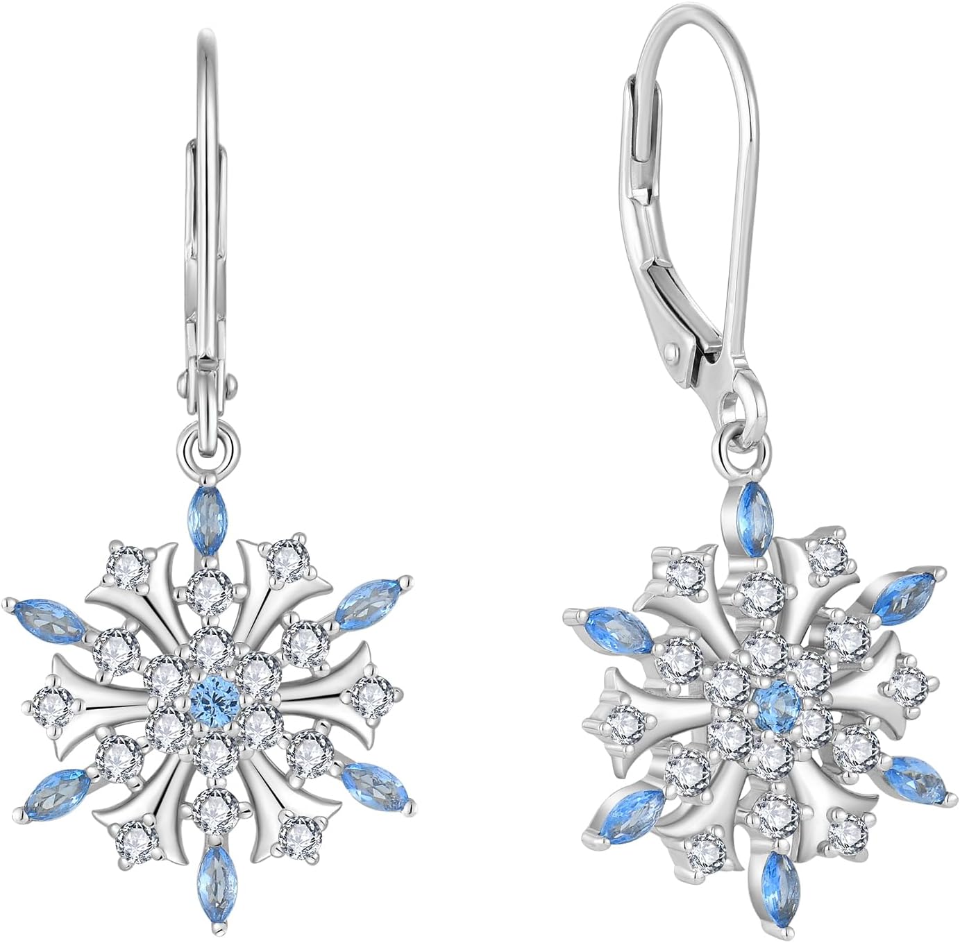 FJ Snowflake Earrings 925 Sterling Silver Aquamarine Dangle Drop Earrings Winter Frozen Christmas Jewelry for Women