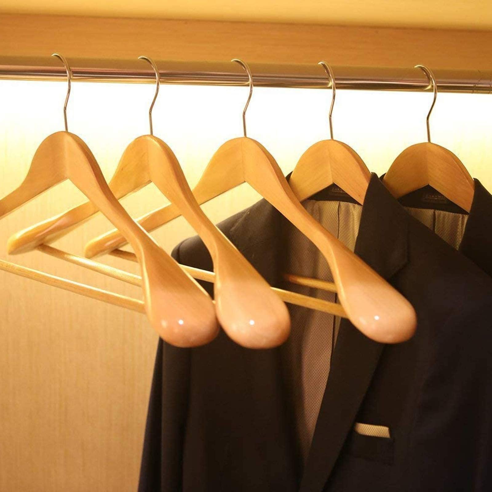 JS HANGER Wooden Suit Hangers - 6 Pack - Wood Coat Hangers,Jacket Outerwear Shirt Hangers,Glossy Finish with Extra-Wide Shoulder, 360 Degree Swivel Hooks & Anti-Slip Bar, Natural