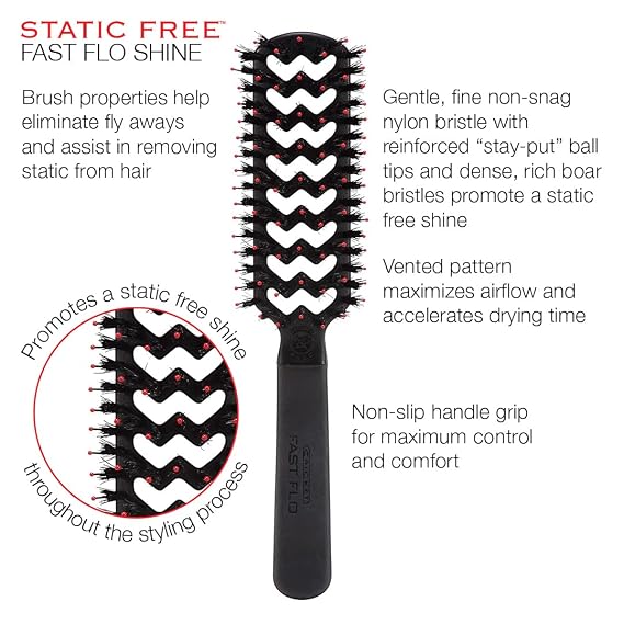 Cricket Static Free Fast Flo Shine Vent Hair Brush - Quick Drying, Styling, and Adding Shine Anti-Static Bristles for Frizz-Free Blowouts, Ideal for All Hair Types