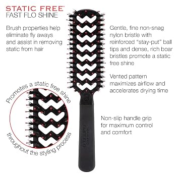 Cricket Static Free Fast Flo Shine Vent Hair Brush - Quick Drying, Styling, and Adding Shine Anti-Static Bristles for Frizz-Free Blowouts, Ideal for All Hair Types