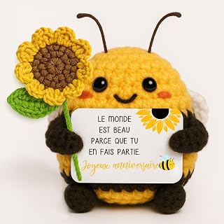 Cadeau Anniversaire pour Femme Homme, Abeille Heureuse avec Tournesols, Décor Positive Fait Main au Crochet, Cadeau Remonter Le Moral, Décoration Maison