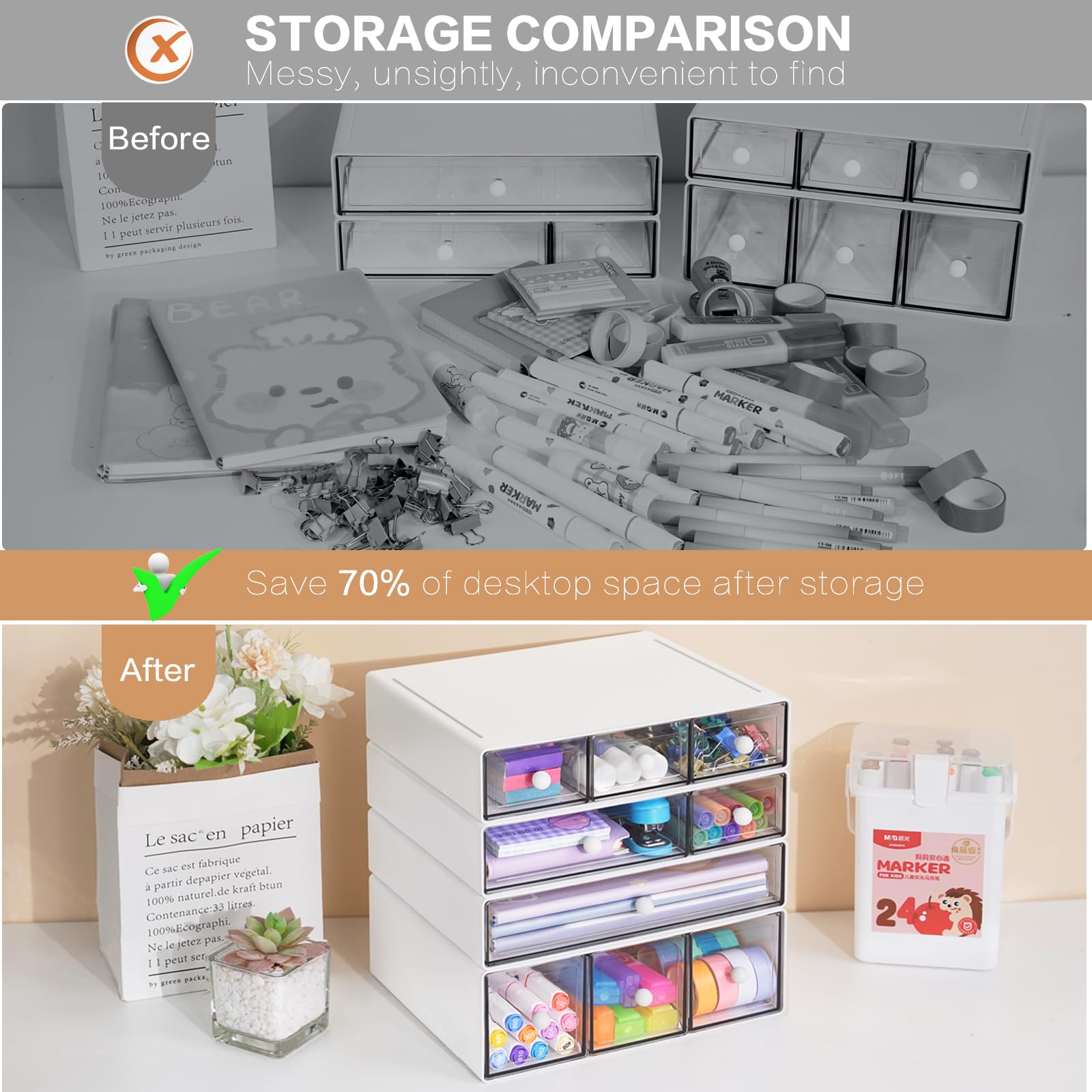 FODIENS - Organizador de almacenamiento de escritorio con 9 cajones, cajones apilables de 4 niveles, caja de almacenamiento transparente para maquillaje, joyas, suministros de manualidades de oficina