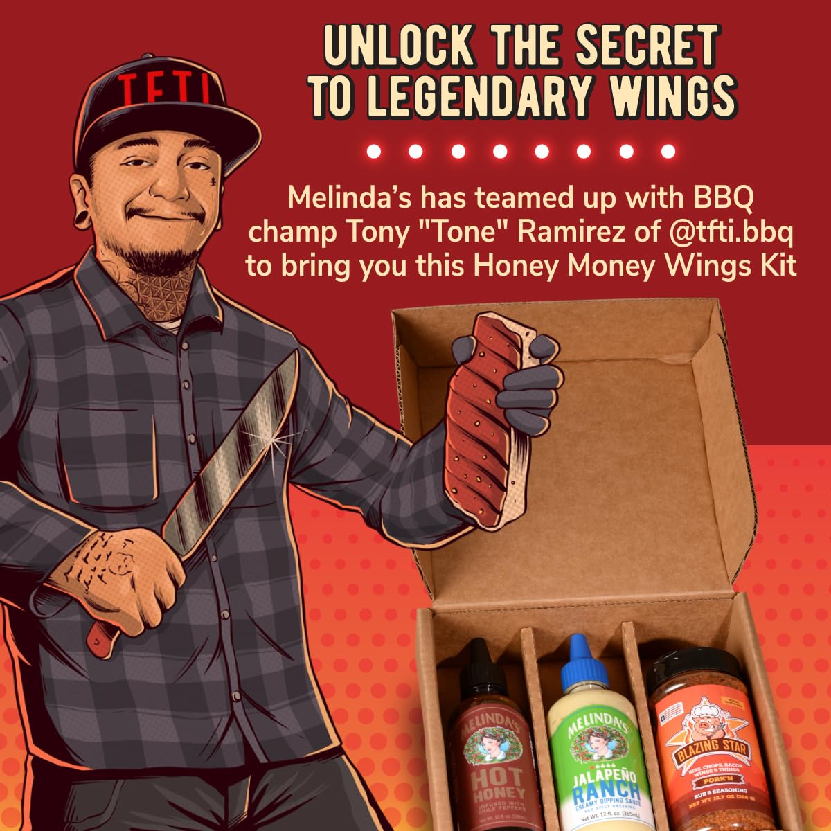 Melinda’s Honey Money Wings Recipe Kit - 3 Pack + Recipe - 2024 Open Fire Meat Up Award Winning Kit from Tony "Tone" Ramirez Includes Hot Honey, Jalapeño Ranch & Blazing Star BBQ Pork’n Rub