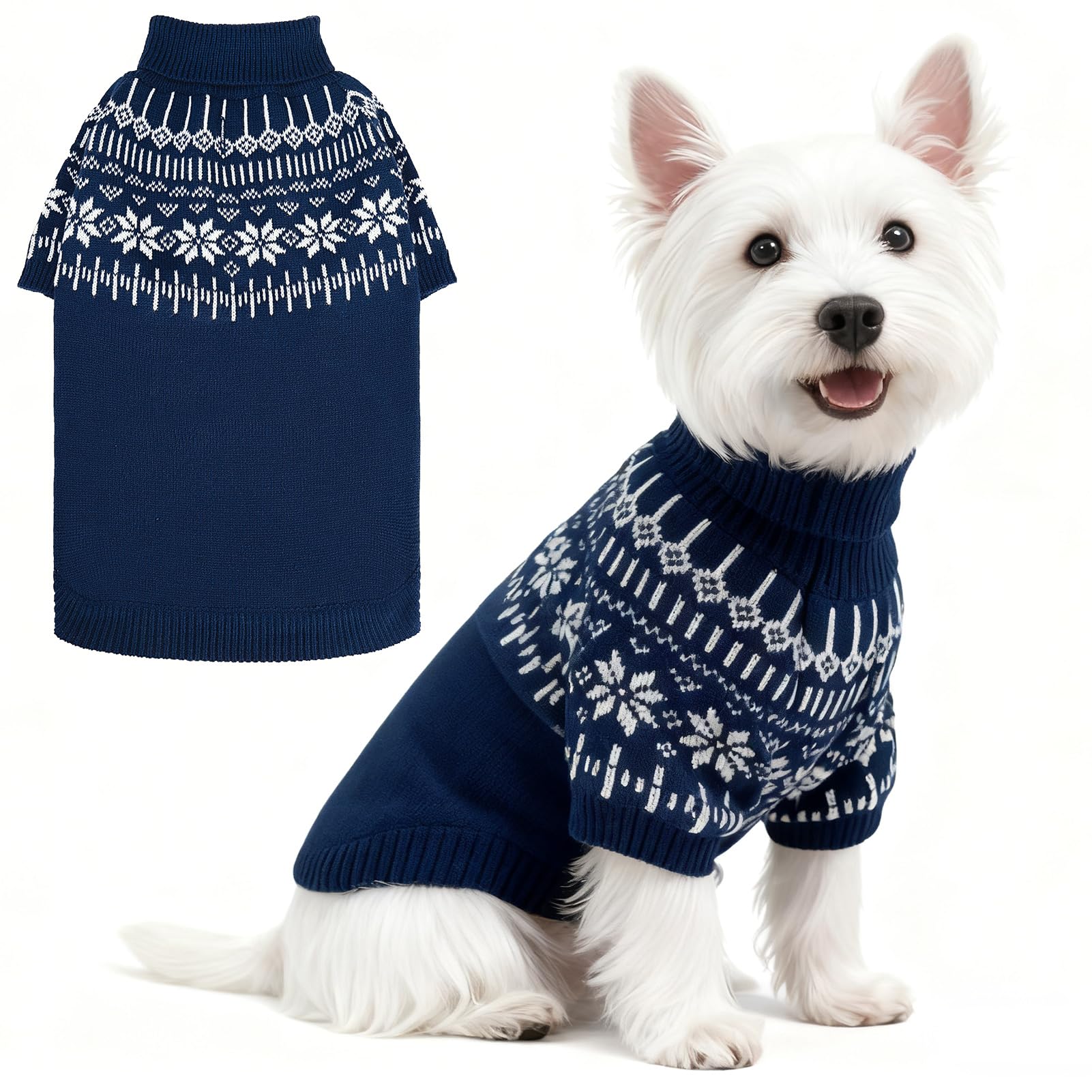 EXPAWLORER Turtleneck Dog Jumper - Knitted Dog Clothes in Fair Isle Snowflake Patterns, Warm Comfortable Puppy Jumper Pet Sweater with Sleeves, Winter Pet Outfit Pullover for Dogs Cats, Blue S-M