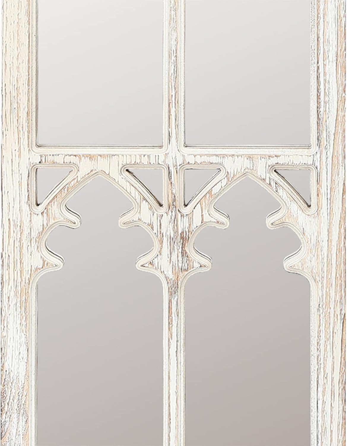 LuxenHome Weathered White Wood Cathedral Framed Wall Mirror,Window Pane Wall Decor, Large Farmhouse Wall Decorations for Living Room Bedroom, 41 inch, Weathered White