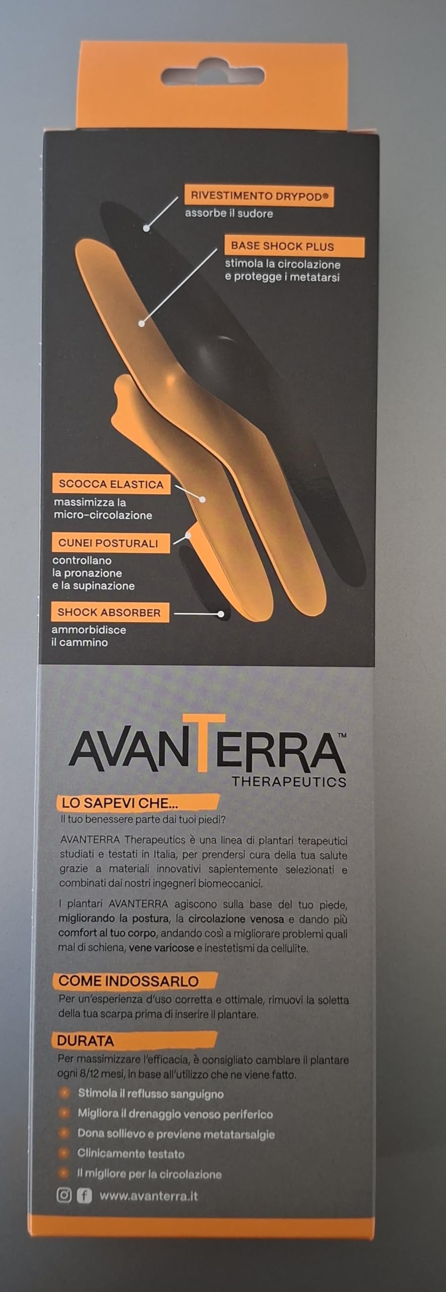 Avanterra Plantare Vene Long Arancione – Terapeutico Circolatorio Made in Italy con Drypod® Assorbi sudore, Effetto Pump, Riduce Varici e Migliora il Drenaggio Venoso (39/40)