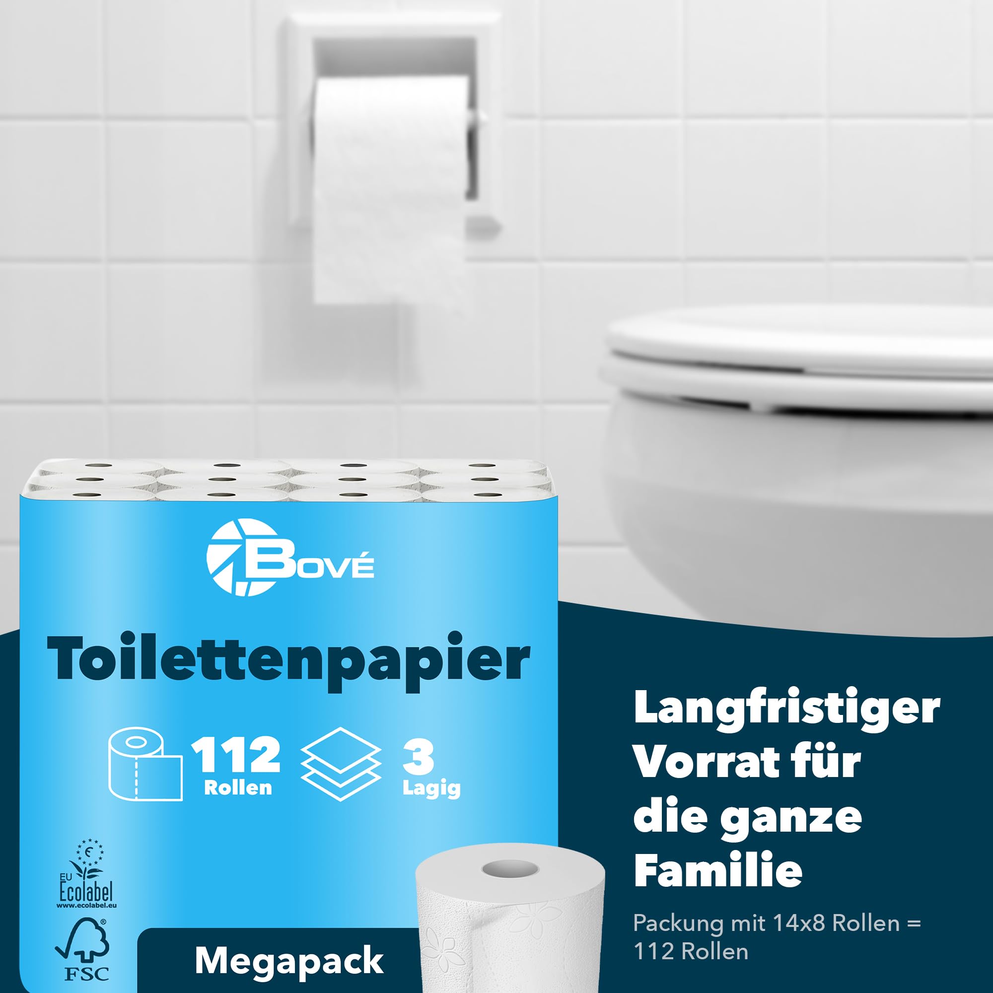 BOVE Toilettenpapier 3-lagig 112 Rollen Megapackung - 250 Blatt pro Rolle - Extra Weich, Stark & Saugstark - FSC & EU Ecolabel Zertifiziert - Preis-Leistungs-Knaller