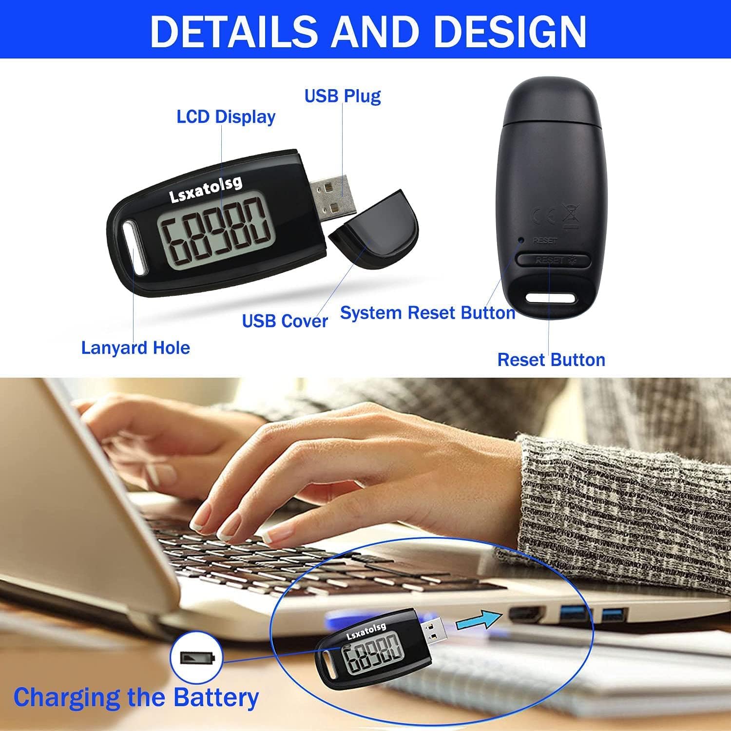 Lsxatolsg Simple Step Counter,Walking 3D Pedometer with Rechargeable Battery,Accurate Fitness Tracker,Digital Daily Target Monitor with Large Display for Whole Family(Clip and Lanyard Included)